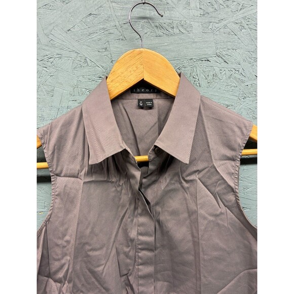 Theory Sleeveless Button Down Shirt Women’s Size P Taupe Collared Stretch Silk - Picture 3 of 8